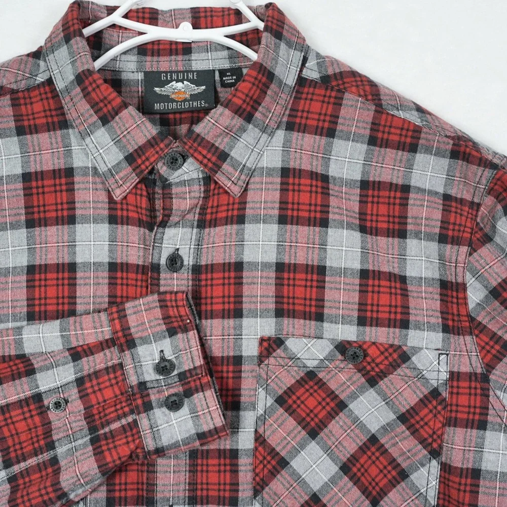 Harley-Davidson Mens XL Red Gray Plaid‎ Flannel Button Up Shirt 96113-20VM Logo